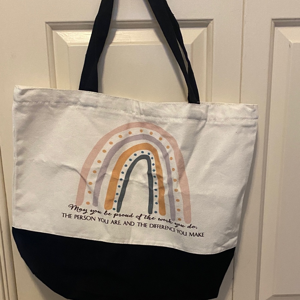 Elegant White and Navy Tote with Rainbow Design